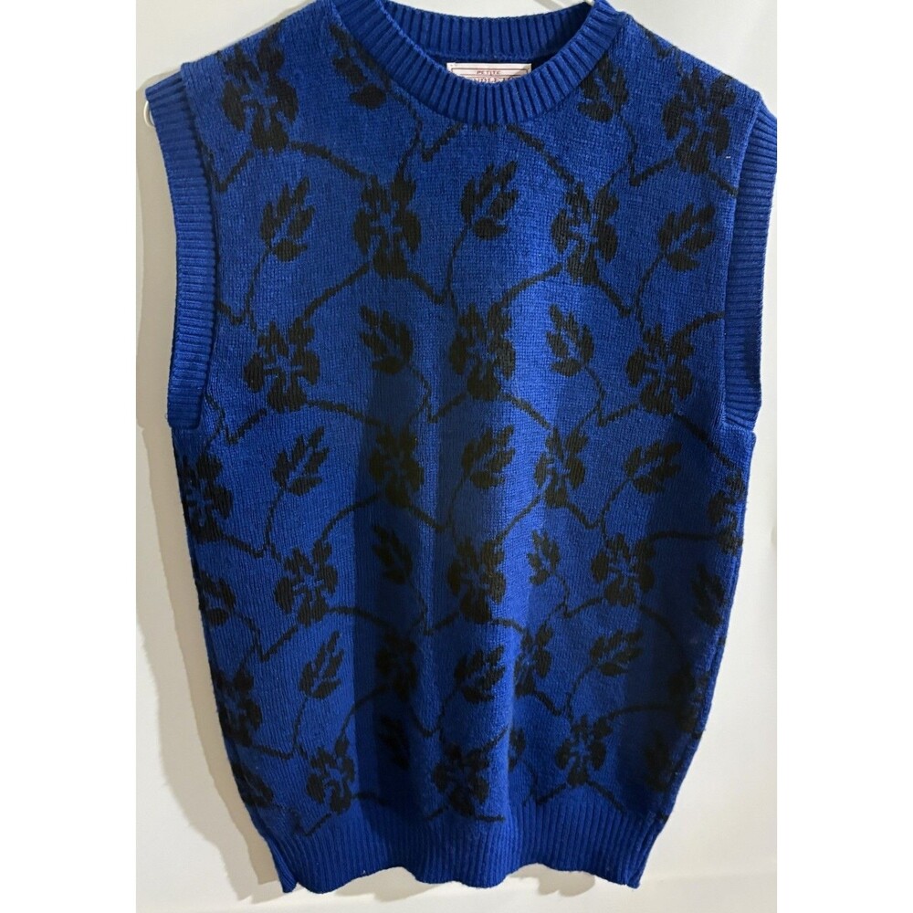 Pendleton Womens Petite PM Blue Black Floral Wool Knit Sleeveless Crew Sweater